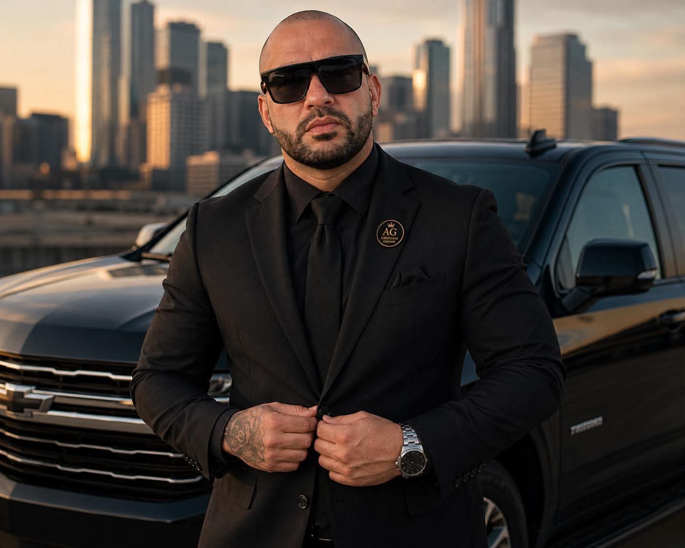 Andre Gomes, founder and executive chauffeur of AG Obsidian Crown, in front of a luxury black SUV