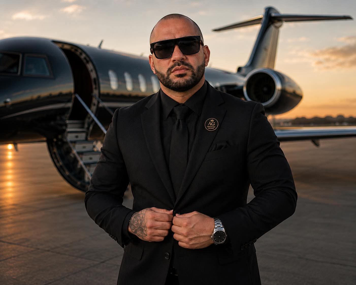 Andre Gomes, executive chauffeur, in front of a private jet at sunset