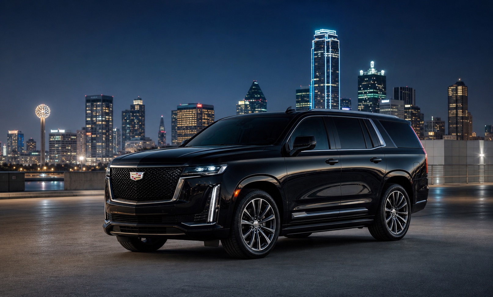 Black Cadillac Escalade facing left against the Dallas skyline