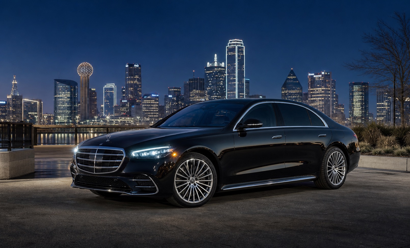 Black Mercedes-Benz S 580 sedan facing left against the Dallas skyline